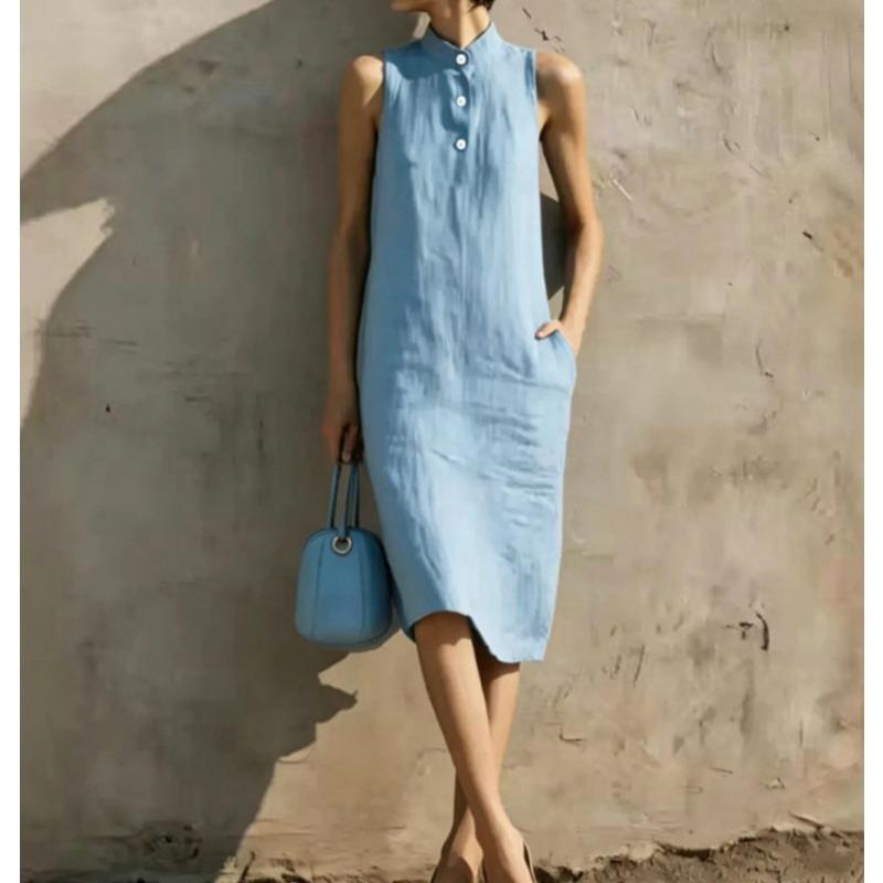 Abito Midi Casual da Spiaggia da Donna, Aderente, Senza Maniche, Colore Unito, Linea A