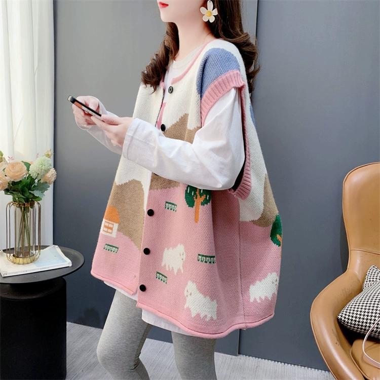 

Осенний женский жилет без рукавов на пуговицах, вязаный свитер с принтом, повседневный стиль, свободный розовый свитер One size розовый