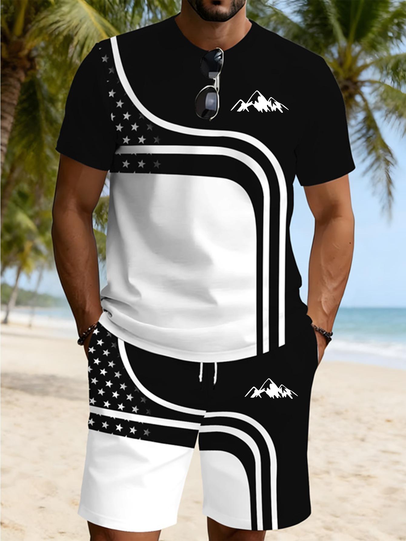 Men s Fashionable Casual Round Neck 3D Printed Short-sleeved Suit S