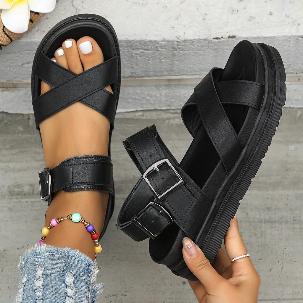 Fashion Large Size Sandals Women 2025 Summer New Black Platform Middle Heel Casual Ladies Shoes Roman Style Buckle Beach Sandales Femmes