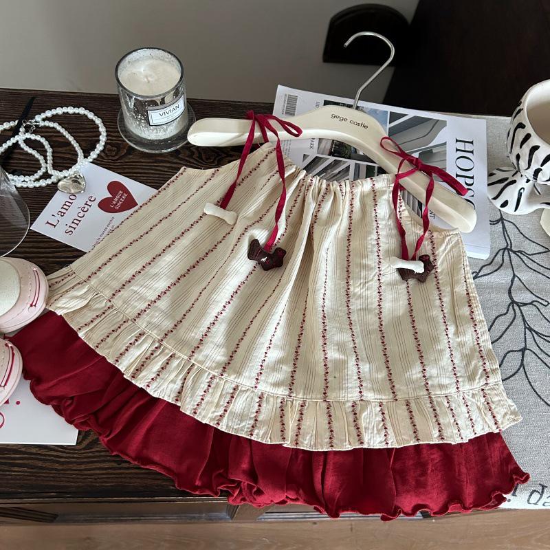 Korean-Style Summer 2025 Girls' Academy Sling Top & Red Skirt Pants Set