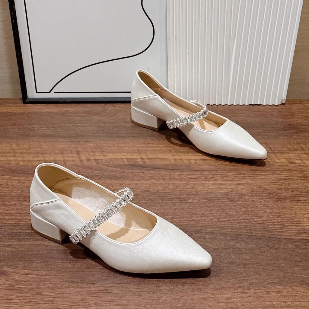 French Silver Rhinestone Mary Jane Shoes Girl 2025 Summer New Pointed Temperament Fairy Style Word with Thick Heel Shoes