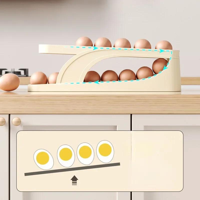 Slide Style Egg Box Side Door of Refrigerator Double Layer Automatic Egg Rolling Kitchen Storage Anti Drop Helps Keep Fresh