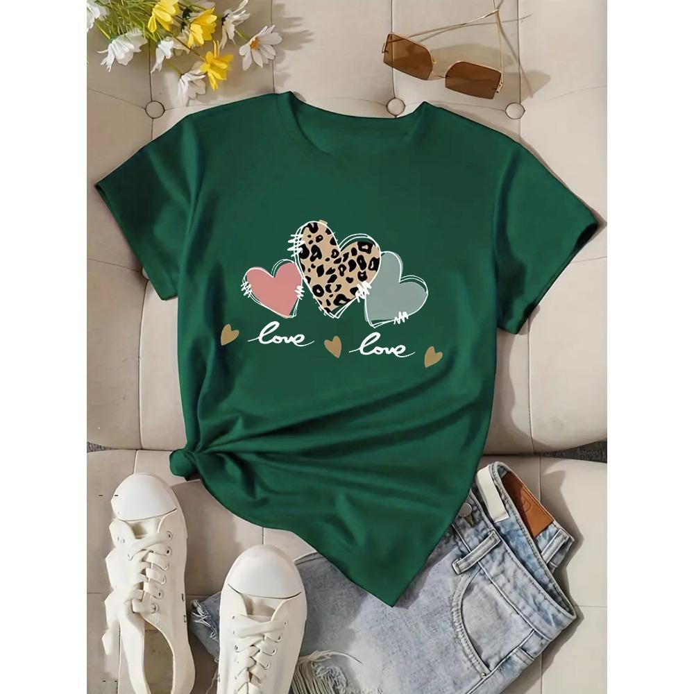 Women Cotton Short Sleeves T-shirts Leopard Print Heart Love Women s Tee Casual Green Top S