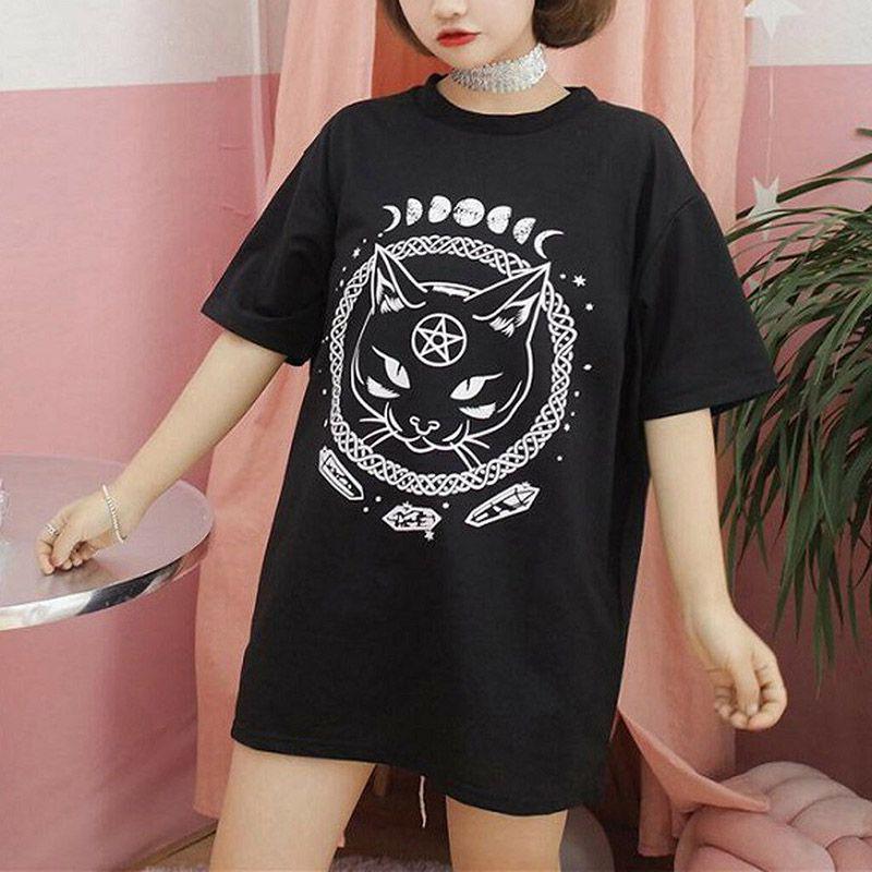 Women Girl Funny Short Sleeve Moon Cat Print Punk Gothic Casual Top Blouse S