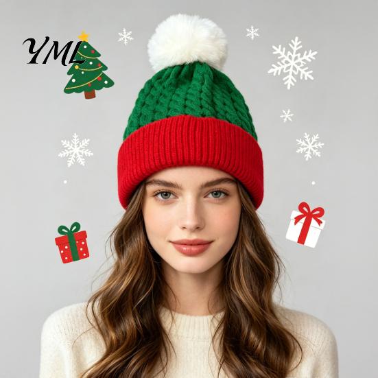 Casual Winter Accessories for Women Christmas Elf Hat, Cozy Knit Hat with Pom Soft Polyester Pom, Stretchy Warm Skull Cap Outdoor Cold Weather Trendy