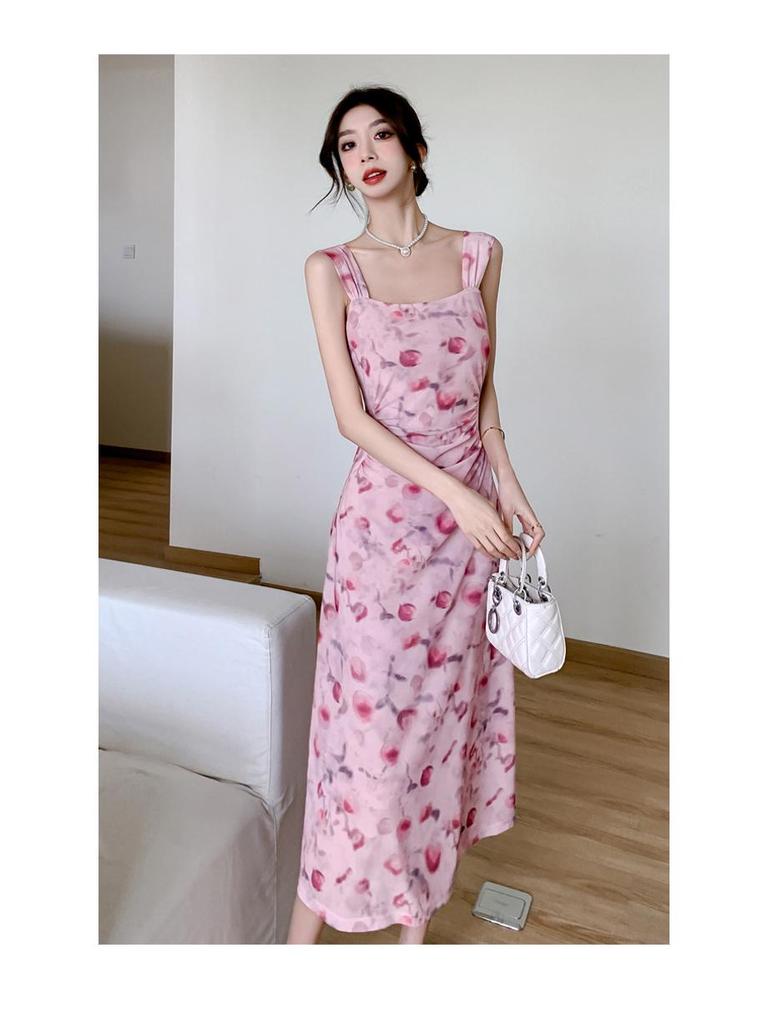 Spring Summer Floral Mesh Spaghetti Strap Maxi Dress for Women