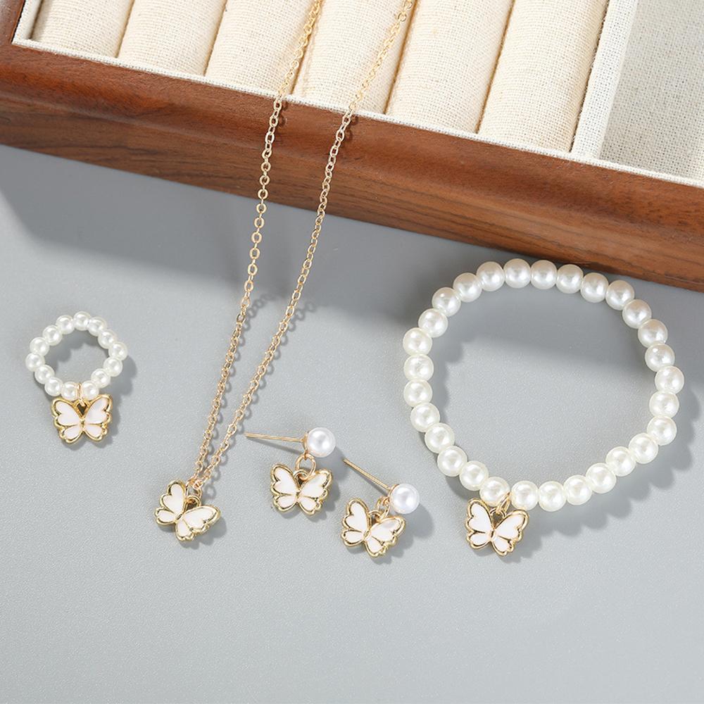 Ensemble 5 Pièces Femme Simple Pendentif Papillon Goutte d'Huile Bracelet Zircon Boucles d'Oreilles Collier Bague Zircon Doux Personnalisé