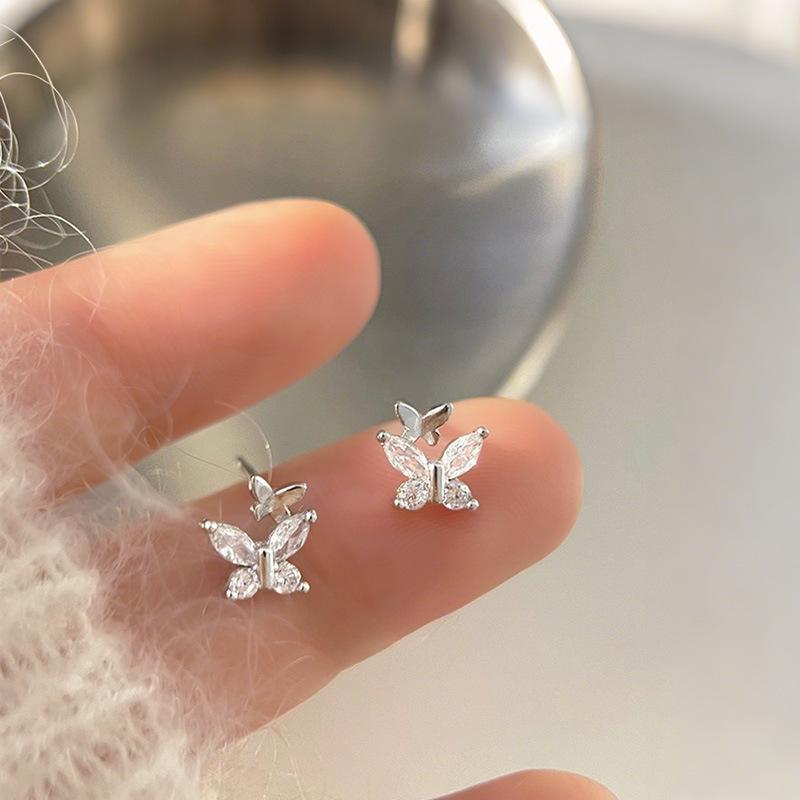 Double Butterfly Zirconia Stud Earrings: Sweet, Fashionable Jewelry for Women