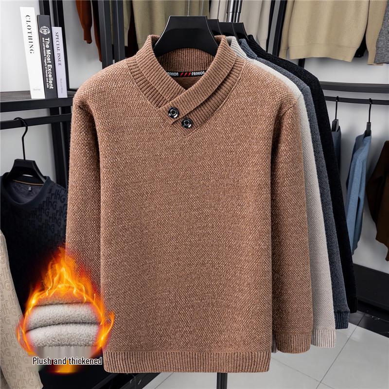 

Men s Velvet Lined Winter Scarf-Collar Knit Sweater M хакі