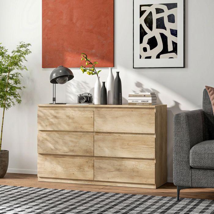 Commode - HOMCOM - 6 tiroirs meuble rangement épuré style moderne chambre salon - bois - 120x39x75cm - chêne