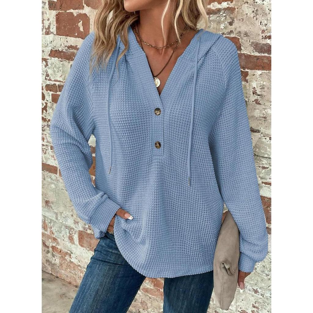 Women's Hoodies, Waffles, Knitwear, Drawstring, Button V-neck, Long Sleeves, Pullovers, Casual, Sports Hoodies