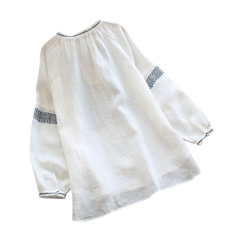 Women's Plus Size Cotton & Linen Shirt - Spring/Summer 2025 Ethnic Style with Wheat Ear Embroidery, Long Sleeve, Loose Fit.