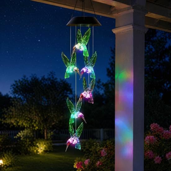 Hummingbird Solar Wind Chime Light, Color Changing Solar Powered Wind Chime, Hanging LED Wind Chime Lamp for Outdoor, Garden, Courtyard Decor