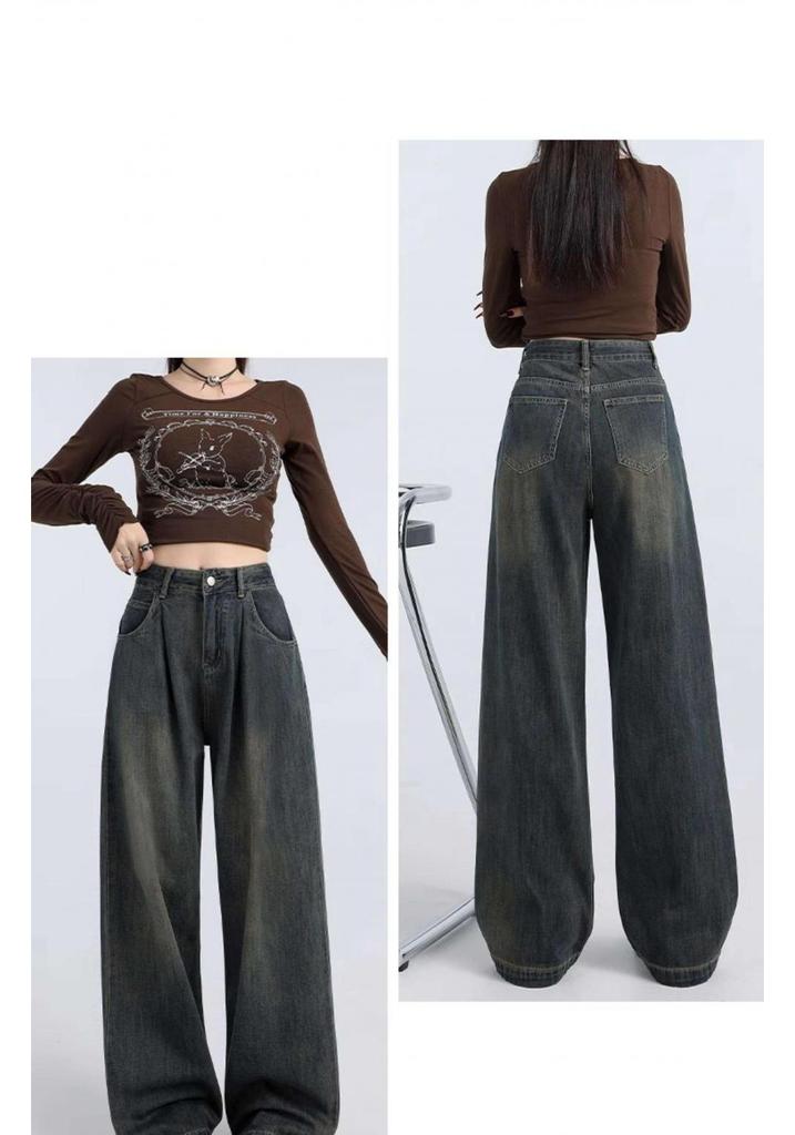 Women's Cement Gray High-Waisted Wide-Leg Jeans - Autumn Winter Retro Style, Petite Loose Fit