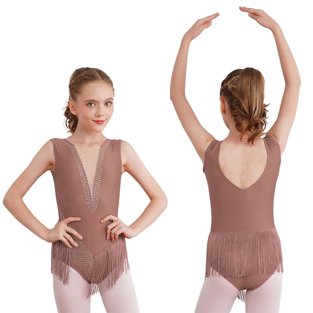 Kids Girls Ballet Latin Dance Leotards Figure Skating Performance Costume Shiny Rhinestone Tassel Gymnastics Bodysuit Dancewear