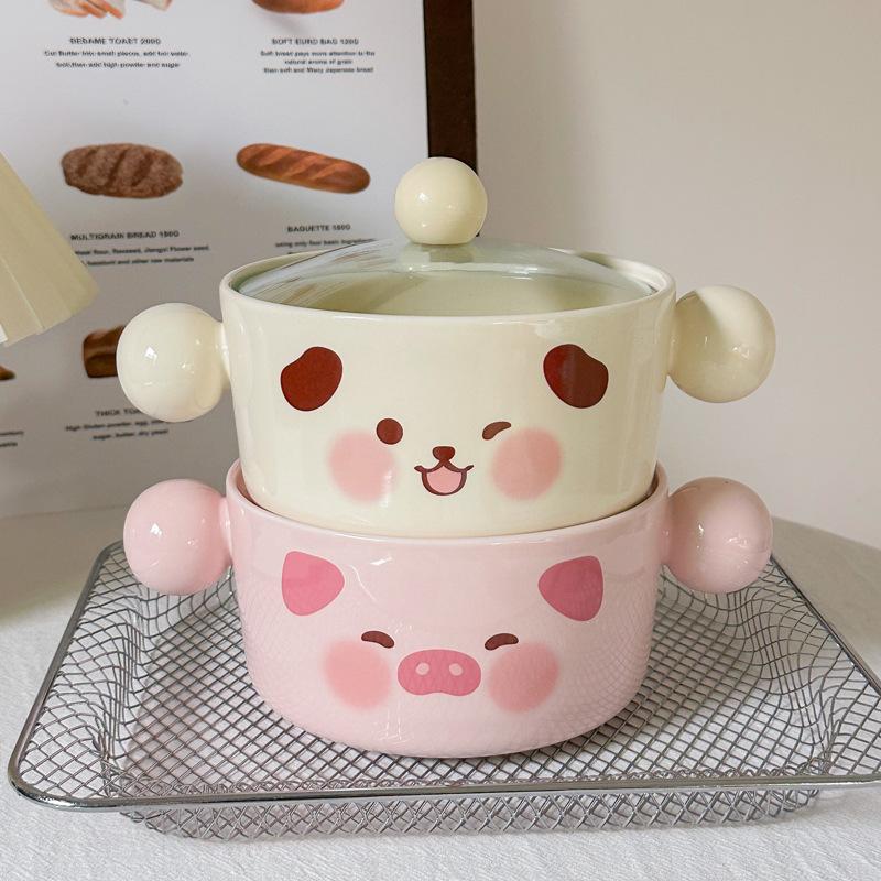 Korean cute ceramic instant noodle bowl with lid instant noodle bowl for student dormitory snail powder personal bowl