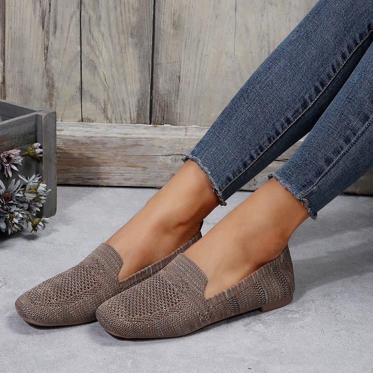 Womens New Solid Color Square Toe Mesh Loafers Shallow Soft Bottom Knit Casual Slip on Boat Flats