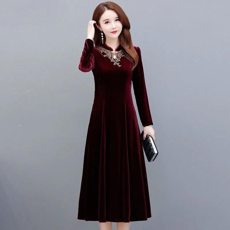 Women Autumn Winter Velvet Dress Lady Long Sleeve Party Velour Dress Casual A-Line Elegant Mid Long Dresses