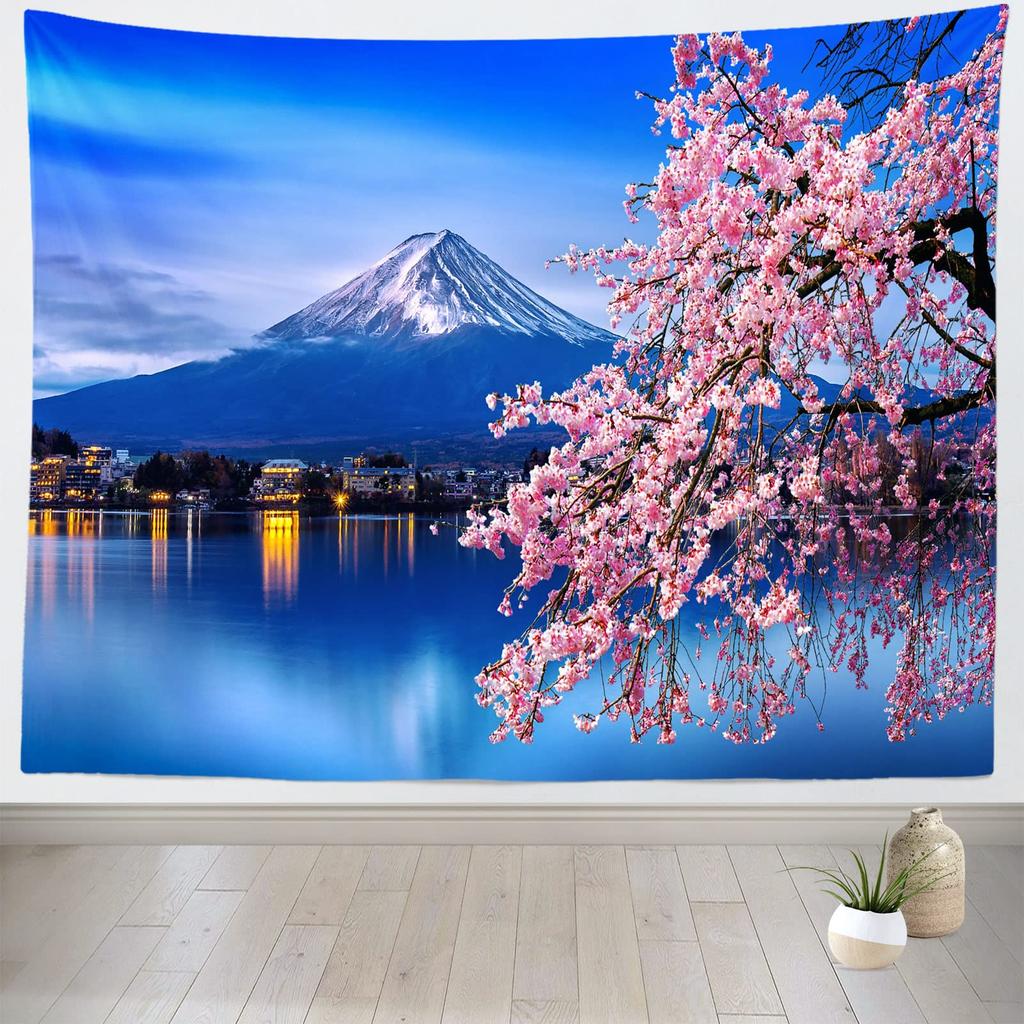 Sakura Tapestry Pink Japanese Cherry Blossoms Tapestries Spring Sunset Landscape Tapestry Wall Hanging for Bedroom Decoration
