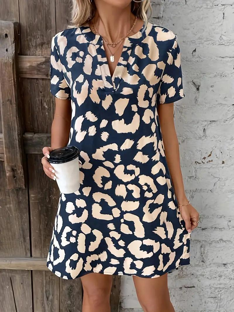 Women s V Neck Short Sleeve Leopard Print Shift Dress Loose Fit High Waist Elegant Commuter Mini Shirt Dress S