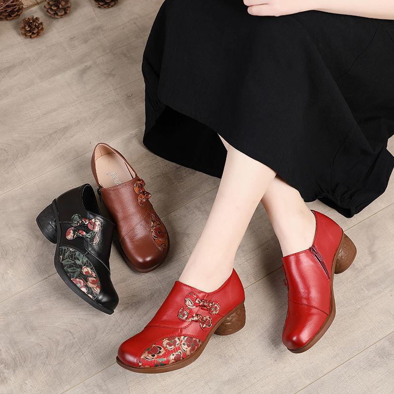 Black Woman Pumps Genuine Leather Women's Medium Designer Ladies Pumps Women Shoes Retro Flower Print Boho Shoes On Heels