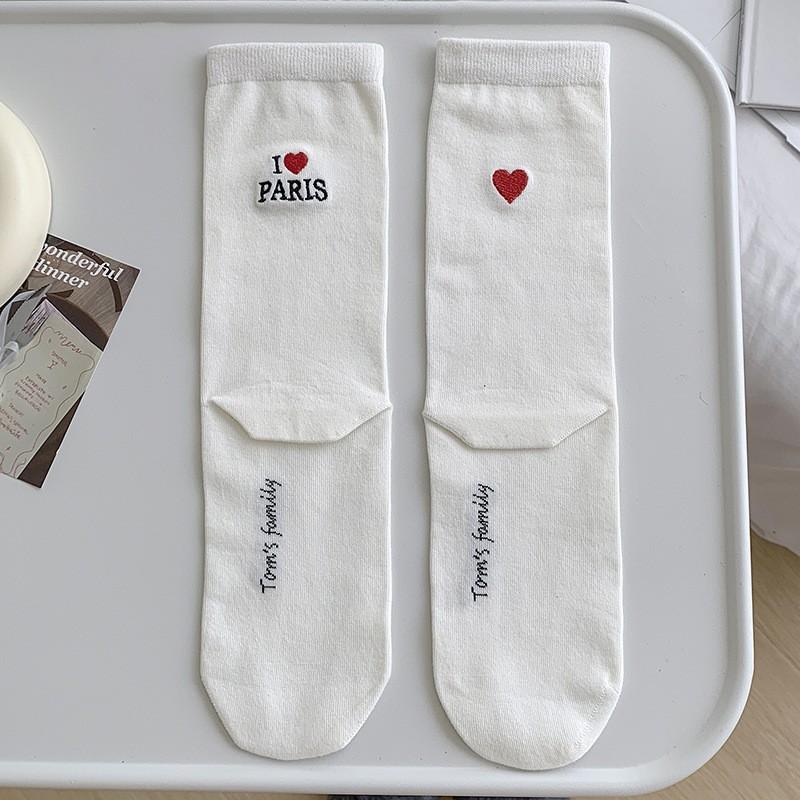 White Socks Pure Cotton Stacking Socks Heel Embroidered Love Letters Spring And Autumn Thin Cotton Medium Tube Socks