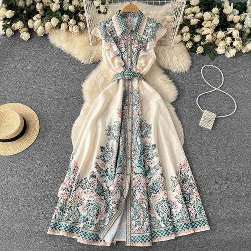 Retro Floral Print Ruffle Sleeveless Elegant Midi Dress A-line Beach Vacation Belt Dress Women Korean Fashion Summer Vestidos