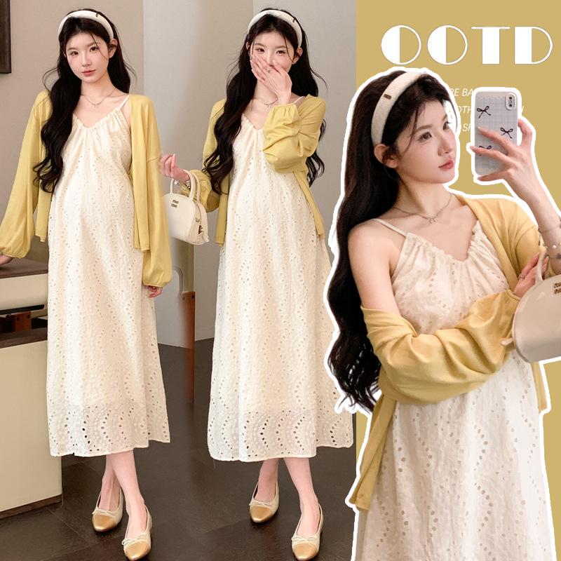 2026 Maternity Knit Cardigan & Camisole Skirt Set - Korean Slim Fit Style M