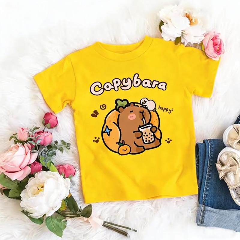 Girls Trendy Capybara Letter Print Design T Shirts Kids Children's T-shirt Boys Girls Summer Spring Casual Tops Tee