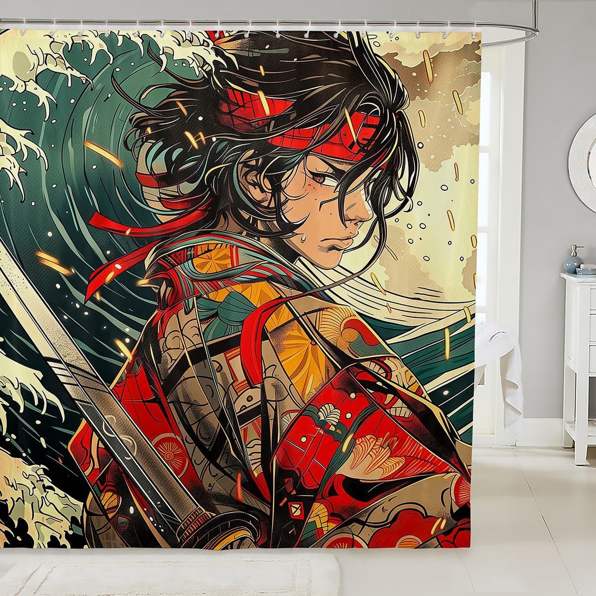 

Erosebridal Dragon Bathroom Shower Curtain Sets Japanese Style Shower Curtain for Kids Boys Girls Ocean Wave Fabric Shower 90x180CM