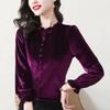 Gold Velvet Women's 2024 Autumn Winter Splicing O-Neck Button Ruffles Fashion Solid Color Minimalist Casual Long Sleeve Top
