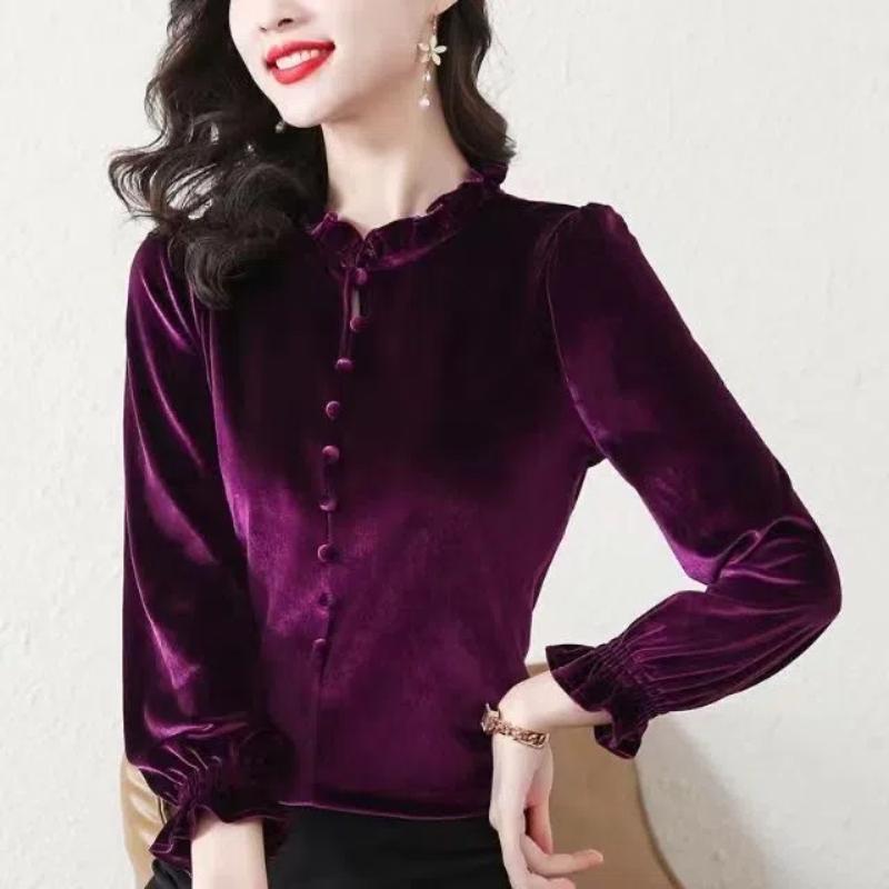 Gold Velvet Women's 2024 Autumn Winter Splicing O-Neck Button Ruffles Fashion Solid Color Minimalist Casual Long Sleeve Top