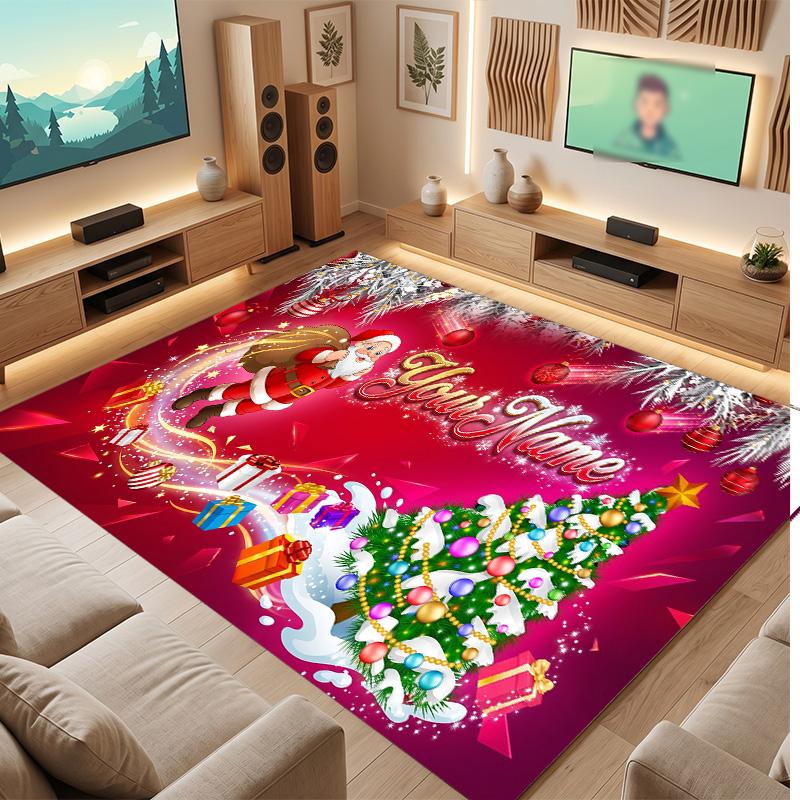 Weicher Kristall-Samt-Teppich mit Weihnachtsmotiv, individuell bedruckbar mit Namen & Text, rutschfester Bodenläufer für Schlafzimmer, Wohnzimmer