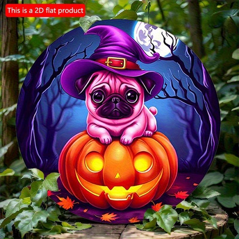 2d Flat 20*20cm The Circular Wooden Sign Features Graphic Design Witch Hat, and Pumpkin Pattern. Halloween Themed, for Home, Garage, Restaurant, Cafe.