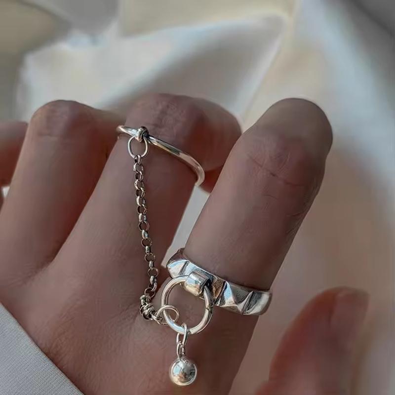 PANJBJ Real 925 Silver Retro Round Ring For 2 Rigns Women Chain Vintage Fine Jewelry Minimalist Accessories Gift