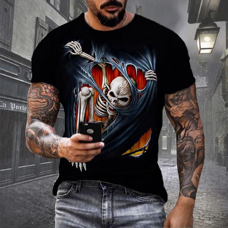 Černé tričko Lebka Pánské Punk Tričko Lebka Rock Gun Modré tričko Tričko s 3D potiskem Retro gotické pánské oblečení letní top