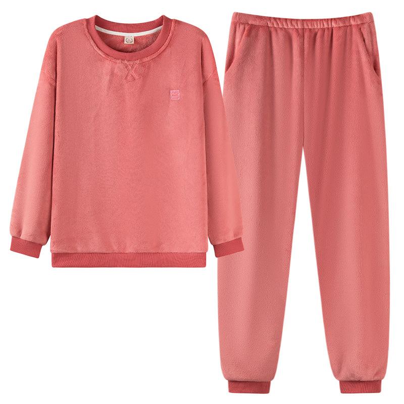 Autumn and winter flannel pajamas women's loose and simple round neck coral fleece loungewear set winter warm thickened and velvet