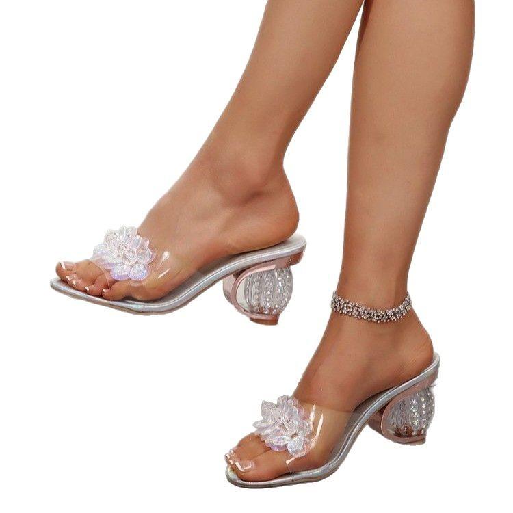 New high-heeled thick-heeled crystal-heeled women's sandals round head transparent one-word cool slippers women