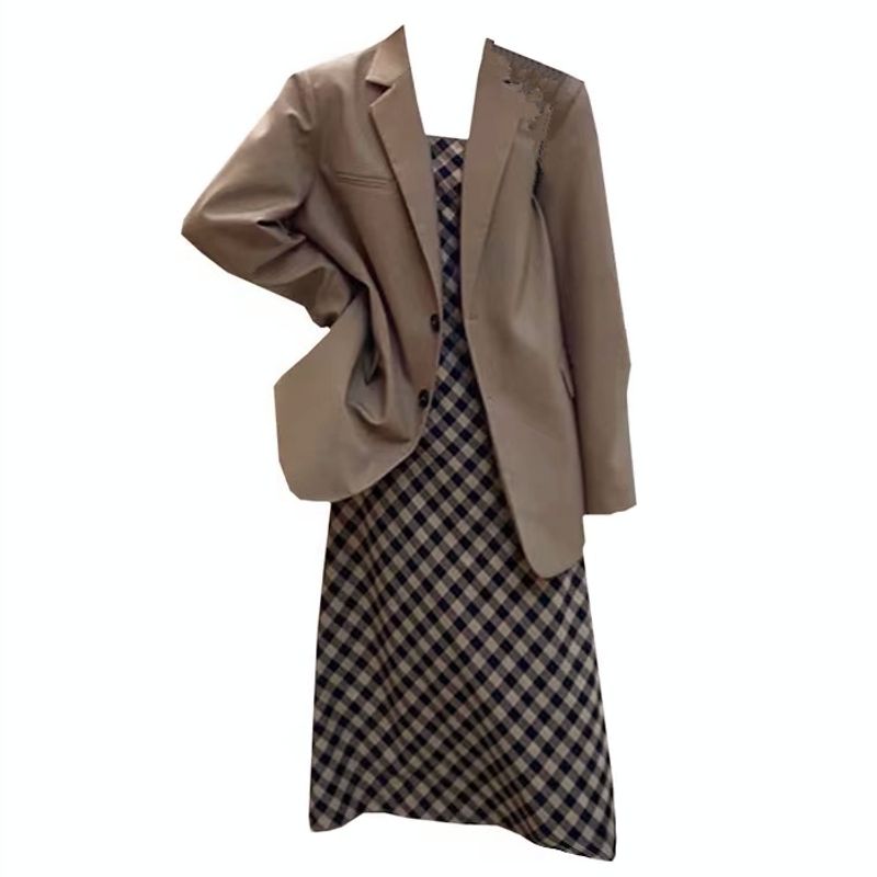 

Foreign Trade Amazon Plaid Slip Dress Oversize Women s Clothing Khakis suit Outwear 4XL