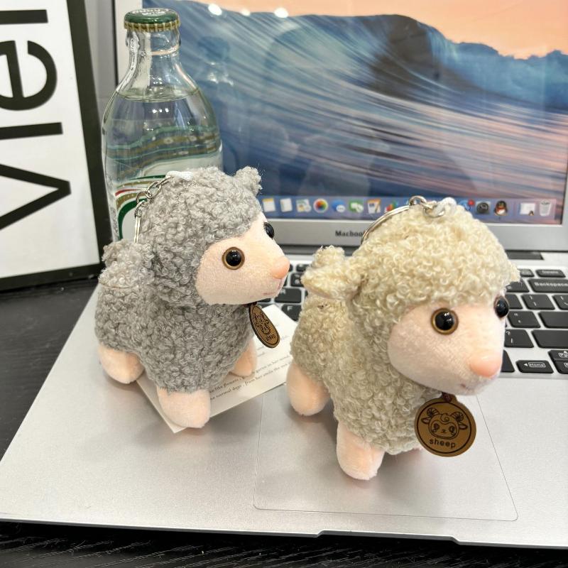 Cute Soft Plush Sheep Keychain Fluffy Straw Hat Plaid Bow 1Pcs Portable Key Ornament for Travel Backpack Decor