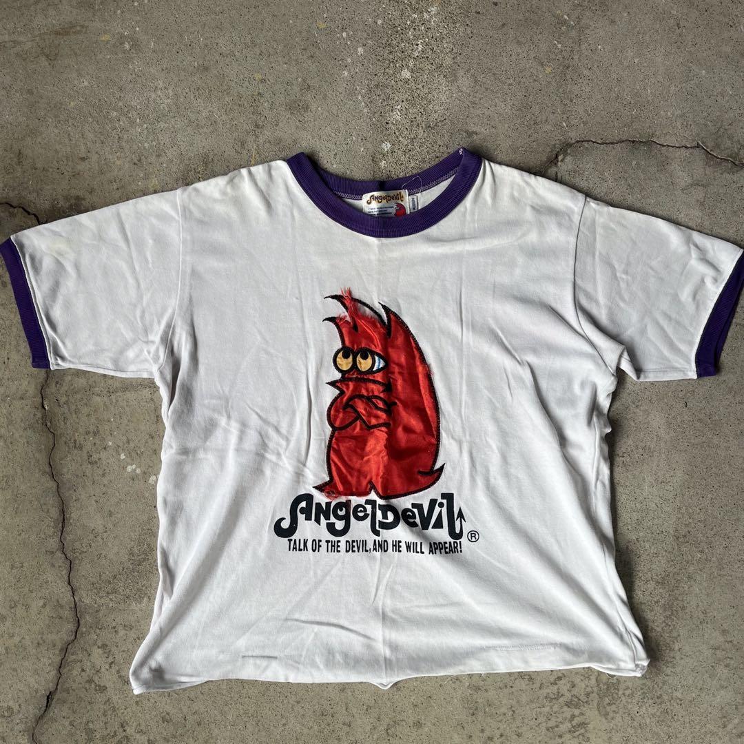 

[USED] 70s Large Logo Embroidered Ringer Character T-Shirt, Showa Retro, Y2K Vintage