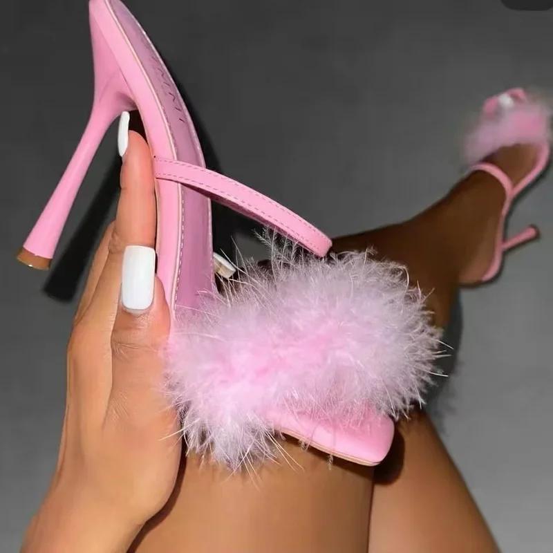 2024 Pointed Toe Women's High Heels 2024 Summer New Sexy Feather Decoration Simple Stiletto Slippers 2024 Banquet Open Toe Mules