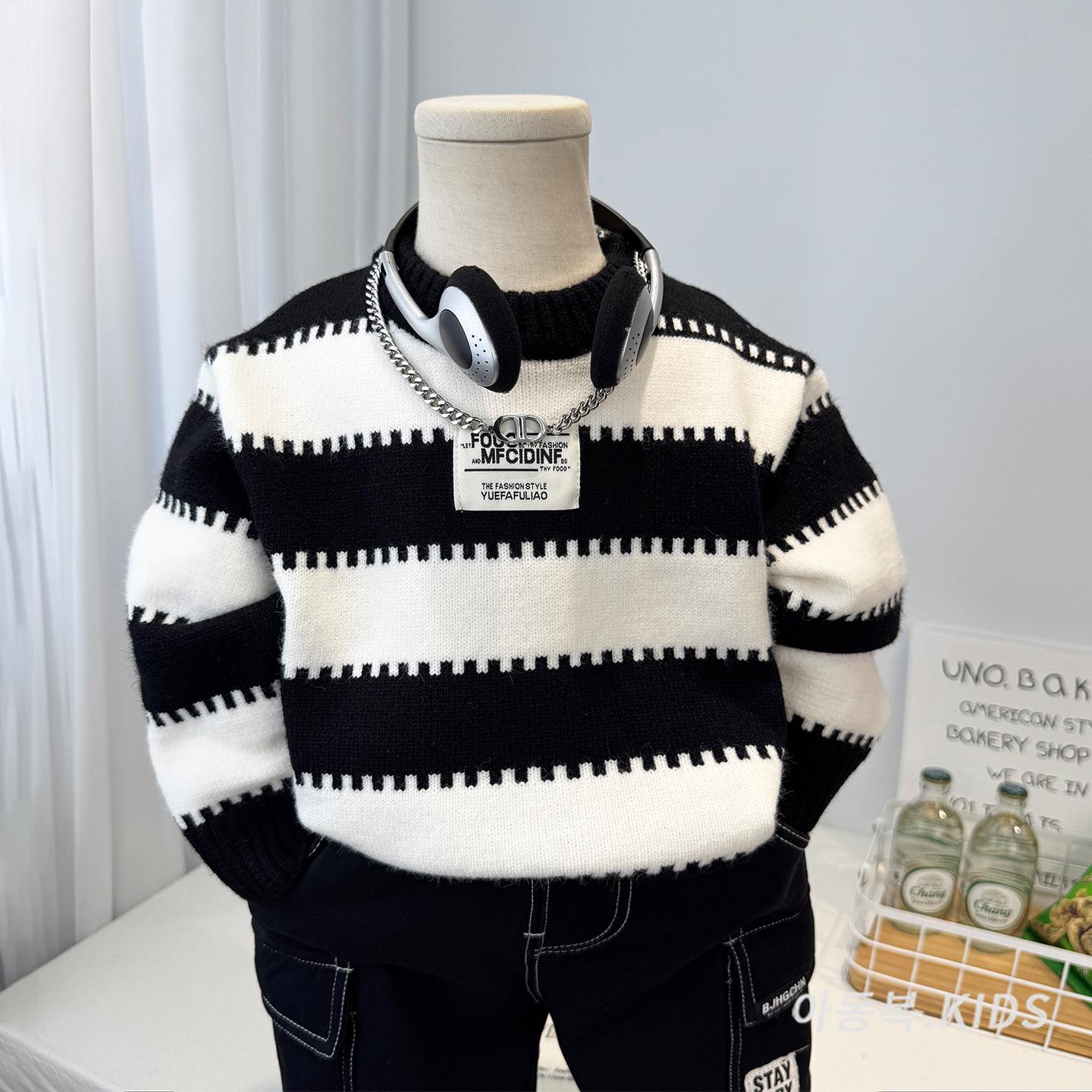 Мальчиковый полосатый вязаный свитер - Стильный корейский шерстяной пуловер на осень/зиму 2025 90 cm