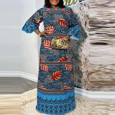 Women Plus Size Round Neck Printed Lace Trumpet Long Sleeve Dresses