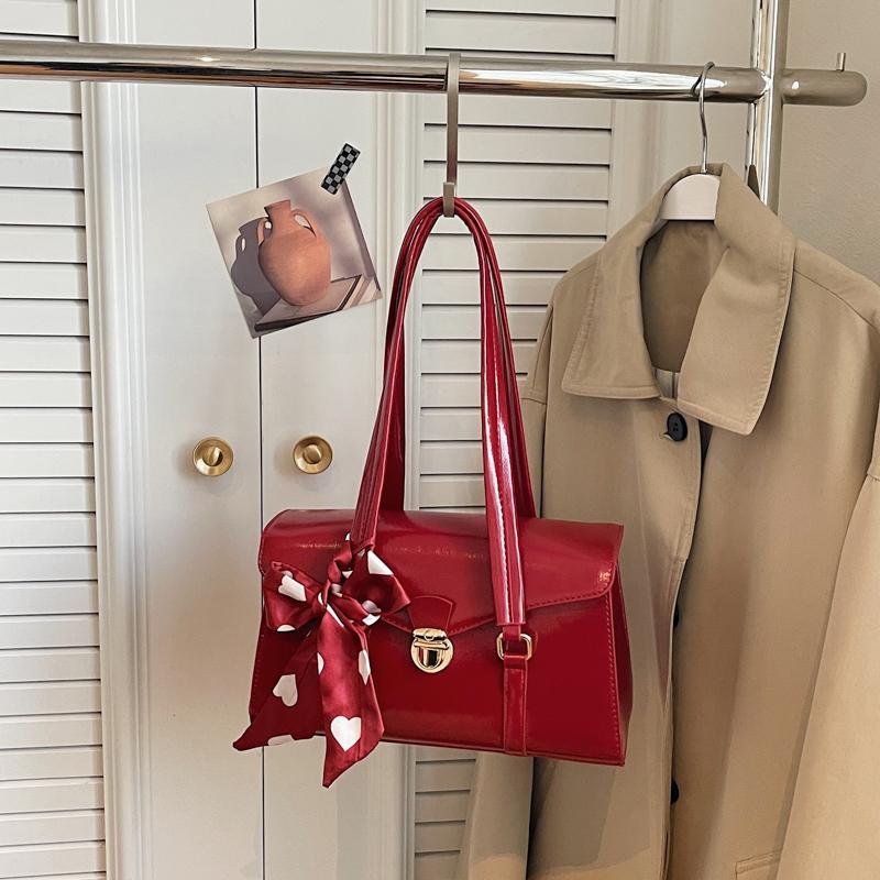 Fashion Ribbons Bow Decoration Shoulder Bag Solid Color Handbag Quality Pu Leather Lady Bag Brand Commute Tote Underarm Bag Red