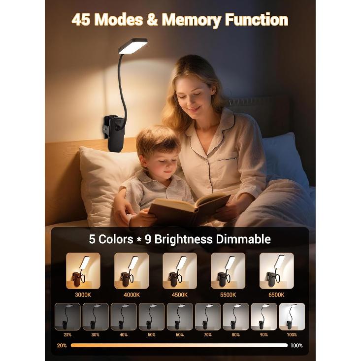 Aufsteckleuchte, 9 Helligkeitsstufen + 5 Farben, Wiederaufladbare Lampe, 48 LEDs, Kleine Schreibtischlampe | 4000mAh Akku-betrieben, 450 Lumen Klemmeuchte, Kabellos