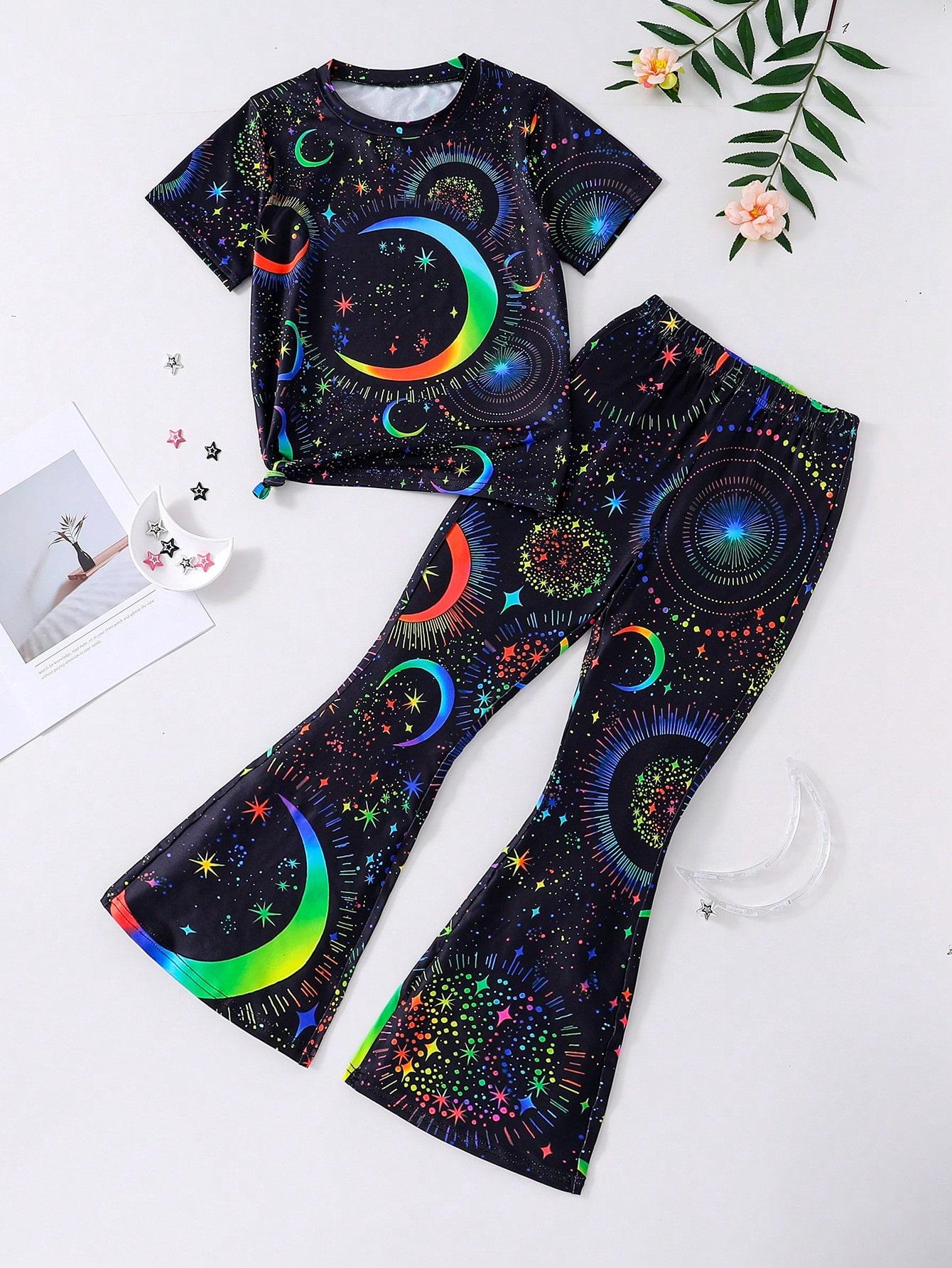 

Young Girls Two Pcs Summer Clothes Set: Cool Glow-in-the-Dark Starry Sky Moon Round Neck Short-Sleeved Top and Flared Pants 14Y різнокольоровий