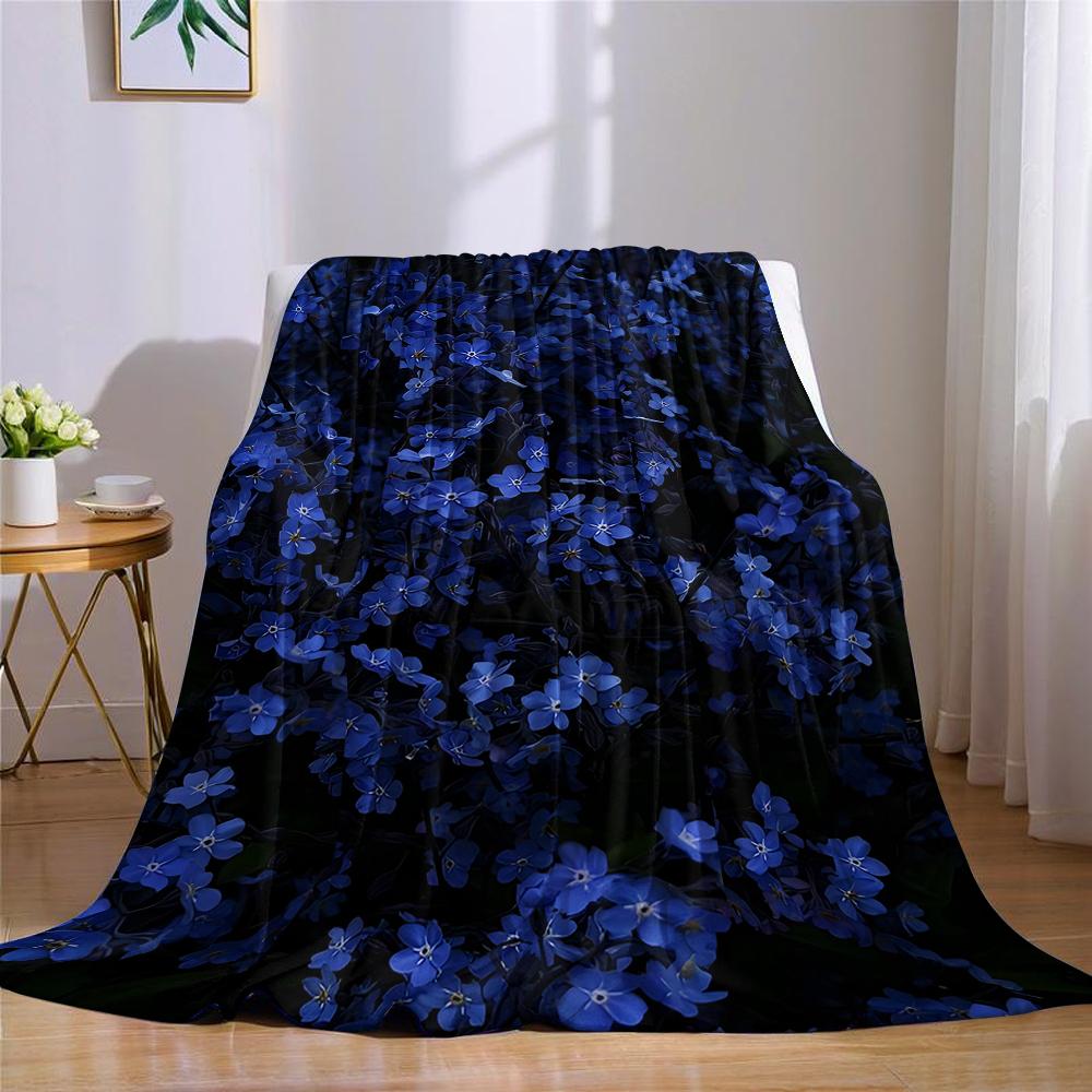 Midnight Blue Bloom Flannel Blanket Warm Soft Halloween Christmas Couch Warm Cozy Decorative Decor Gift for All Season