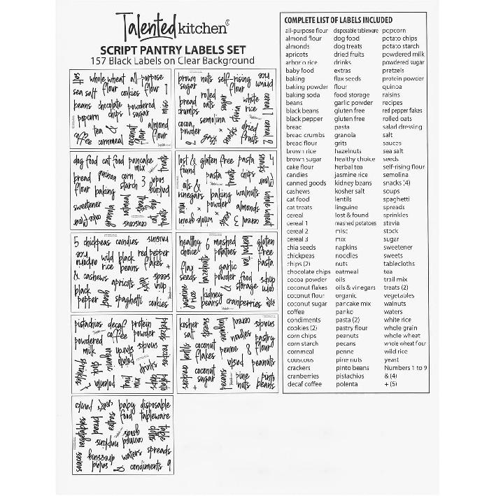 Talented Kitchen Pantry Labels for Food Containers - 157-Piece, Black Script Vinyl - Jar & Bin Labels & Food Storage Organization Stickers